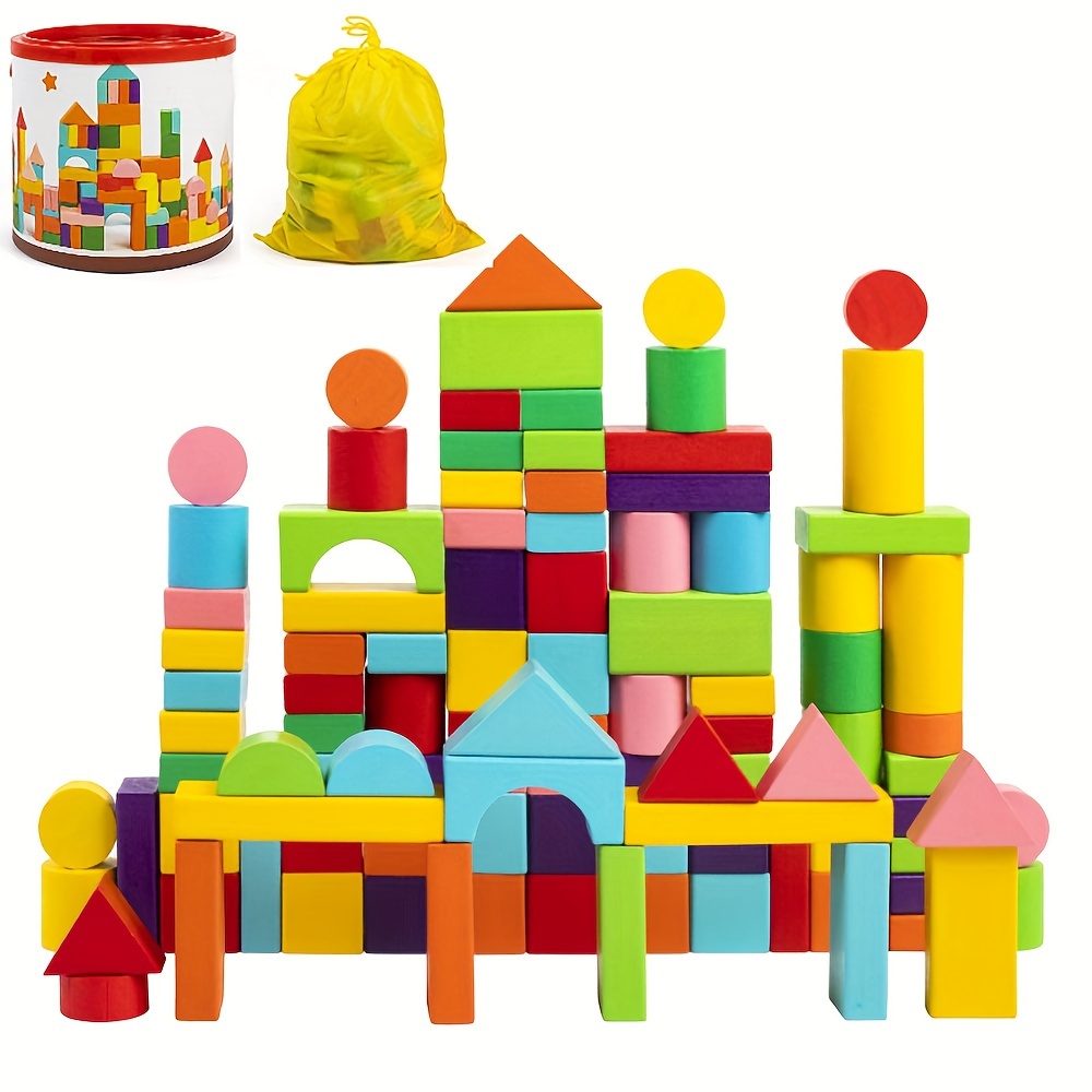 

Pieces Wooden Building Blocks, Shape Sorting Stacking Toy For Kids With Storage Bucket, Toys For 1 2 3 Year Old Girls Boys