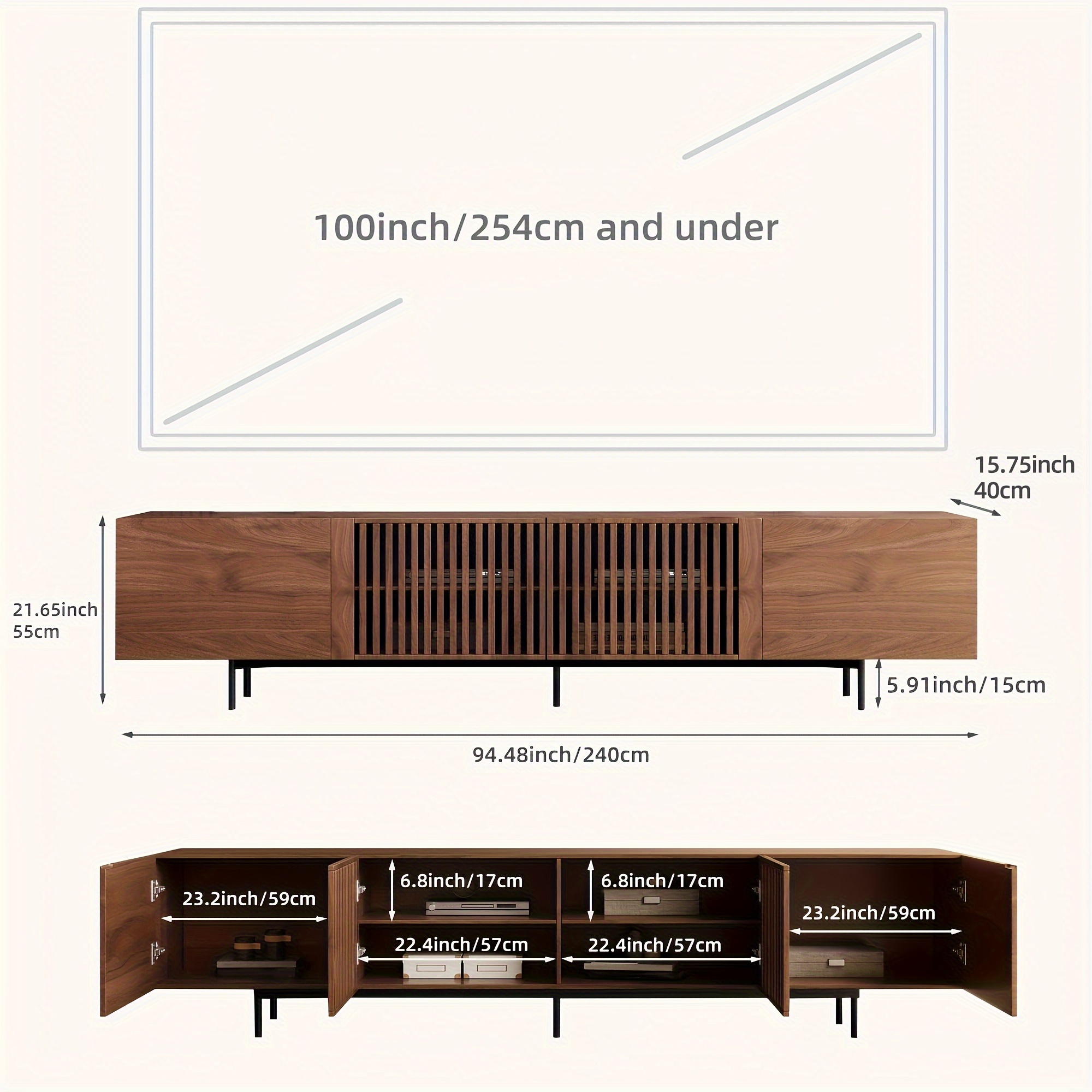 240cm Modern Tv Stand With Large Storage Shelves - Walnut Finish Wood Freestanding Living Room Furniture, Durable Mdf Construction & Easy Assembly, For Living Room