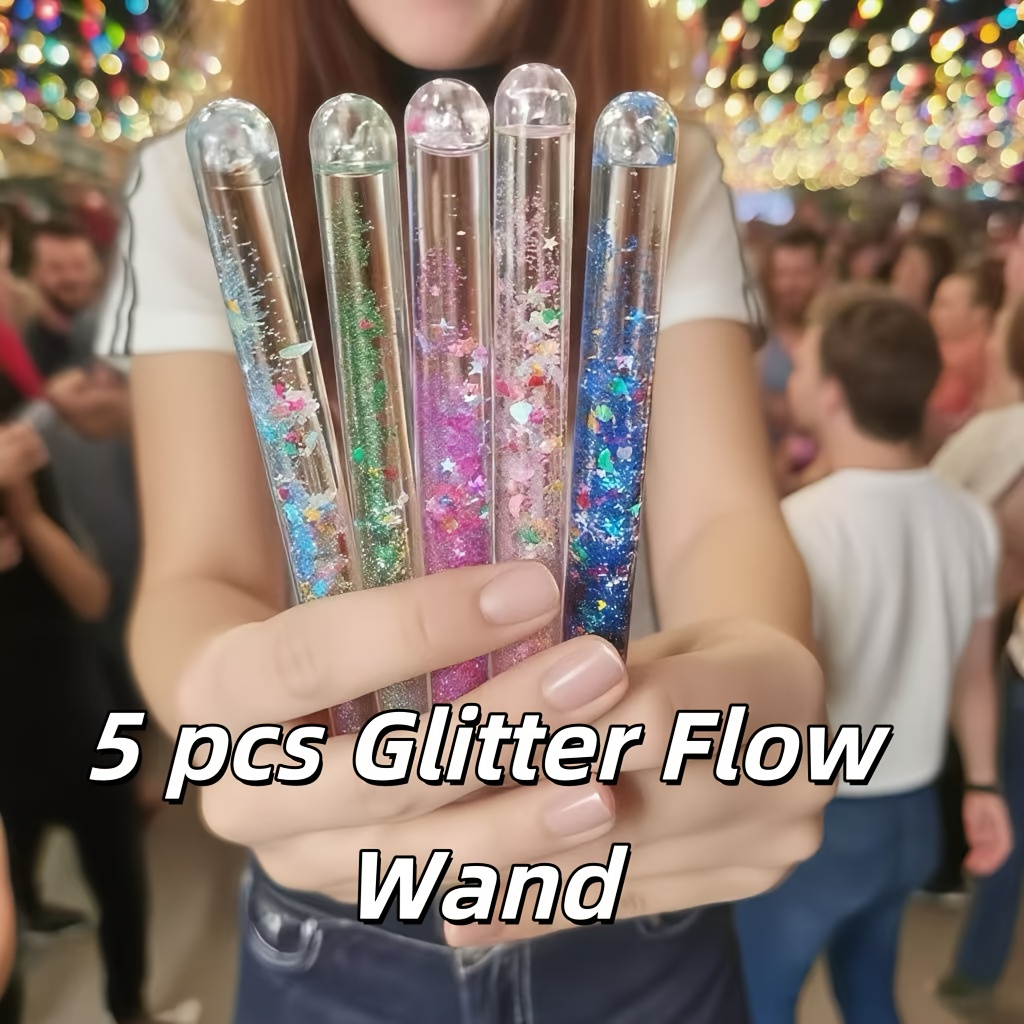 TEMU 5pcs Glitter Flow Wand Set Sensory Relaxation And Visual Stimulation Magical Flowing Starlight Wands, Mixed Colors, Plastic Material