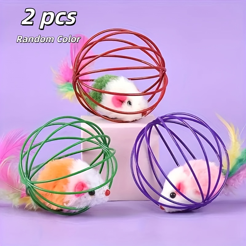 Image of 2/3/9/12/15pcs Random Color Cage Cat Toys, Wire Cages With Colored Fake Feathers And Tails - For Cage Rats, Durable Fabric Material, Interactive Toys For Cats, Cat Toys, Without Battery