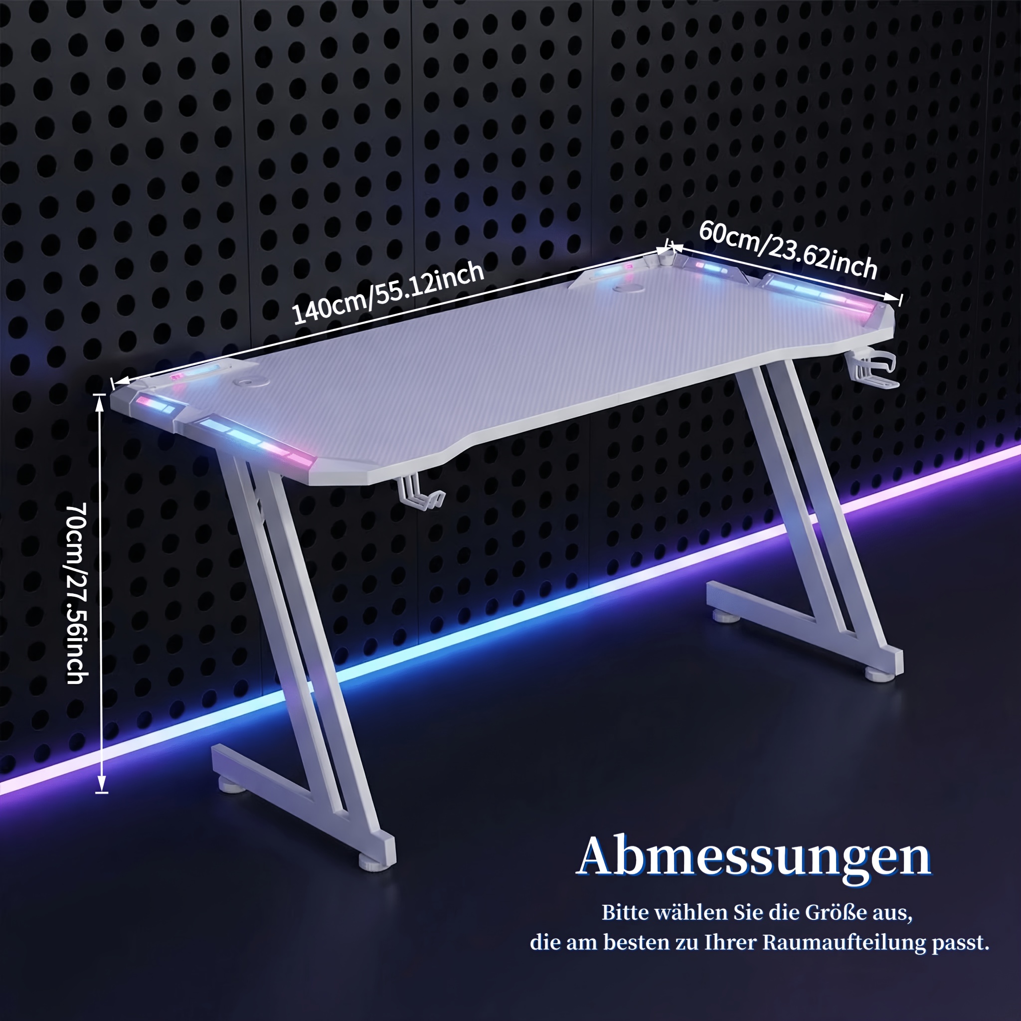 47/55/63inch White Gaming Desk With Led Lights, Computer Table, Vertical-grain Tabletop Studying Desk With Headphone Holder And Cup Holder, Desk For Home Office Workstation Bedroom