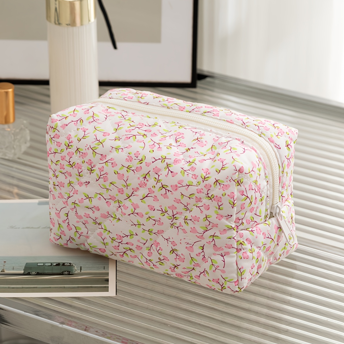TEMU New Quilted Floral Makeup Bag, A Cosmetic Storage Bag For Travel And Toiletries, Students, Moms On The Go, Business Trips, And Essential For