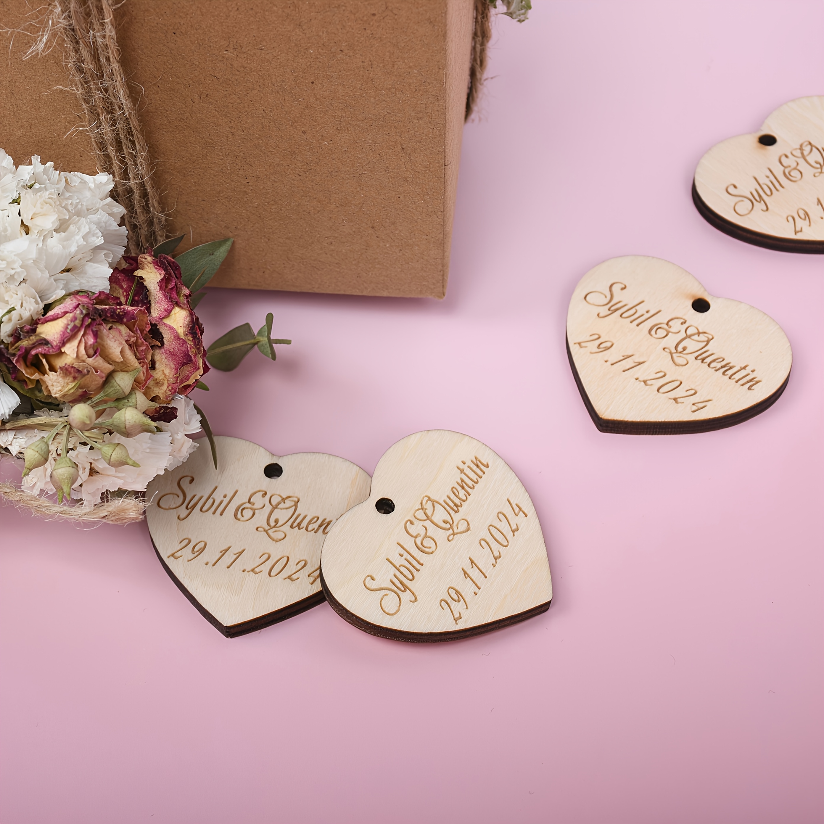 TEMU Personalized Heart-shaped Wooden Wedding And Anniversary Keepsakes - Tags Engraved With Names And Dates, Featuring Elegant Cursive Font, Beige