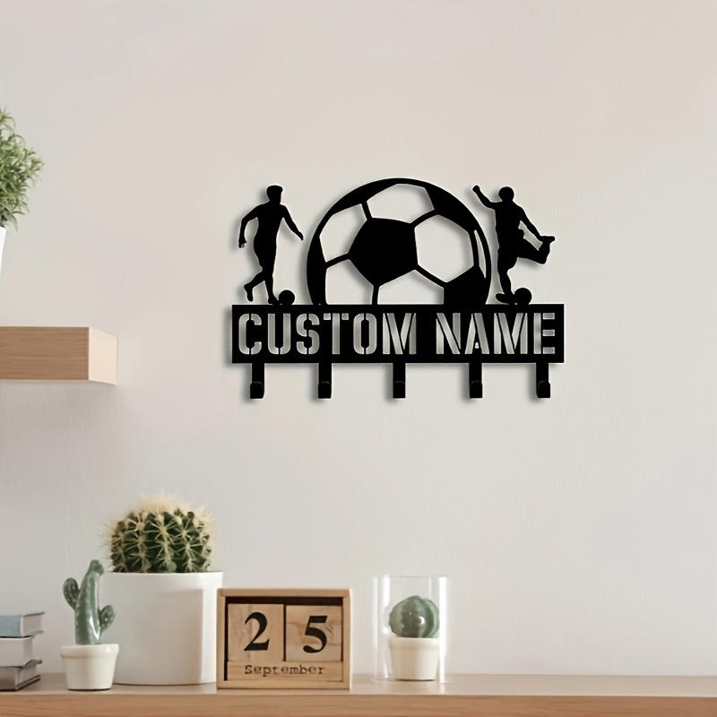 TEMU Customizable Metal Wall Hook With Geometric Soccer Player Design - Personalized Name Engraved, Durable Metal Hooks For Home Organization,
