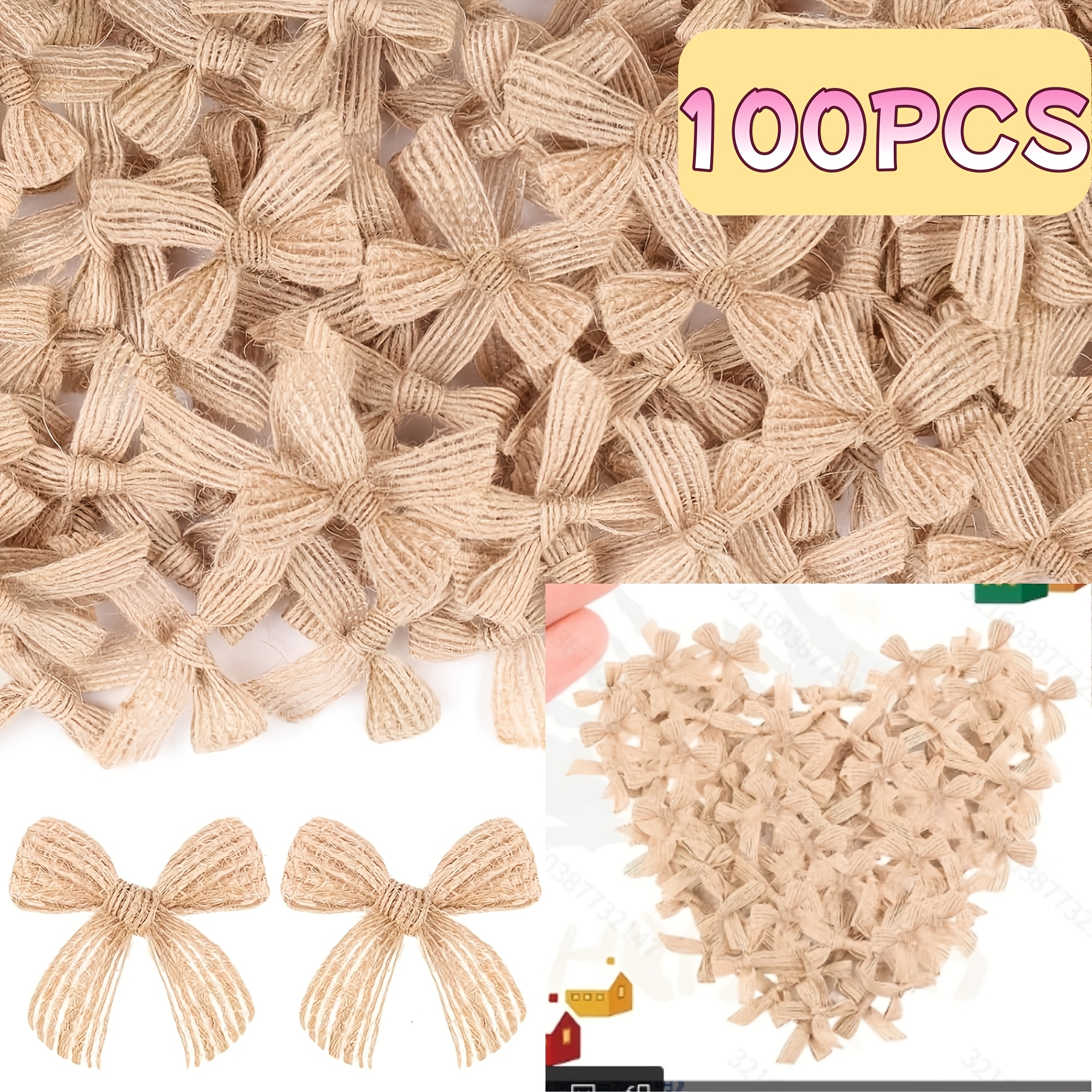 TEMU 100pcs Nœuds de Noël en Toile de Jute, Petits Nœuds en Ruban de Toile de Jute, Nœuds pour Bricolage, Décoration de Maison Style , Convient pour