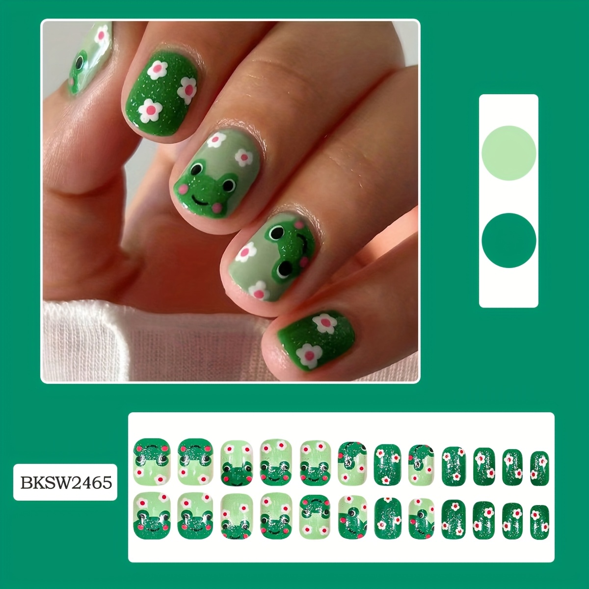 TEMU 24pcs Faux Ongles Mignons Grenouille avec Motif Floral Vert et Dessin Animé de Grenouille, Faux Ongles Brillants pour Femmes