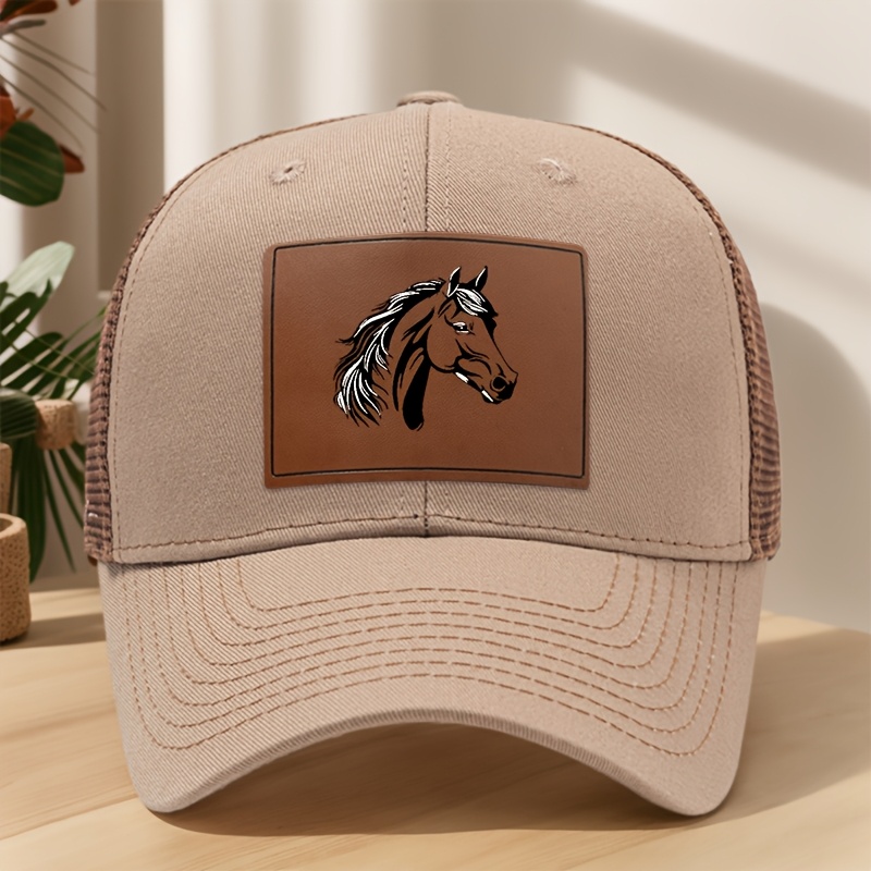 TEMU MAKEFGE Truckerpet met Paardenkop - Pet van Kunstleer met Paardenprint, Bovenkant & Gaasvizier, Lichtgewicht Ademende Zweetabsorberende Snapback