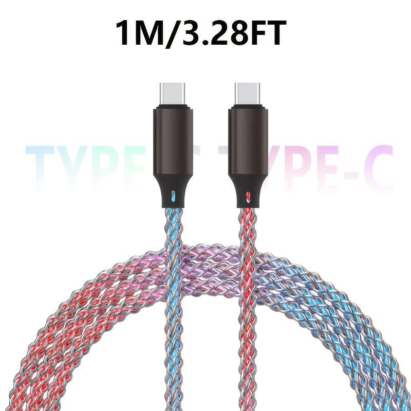 TEMU Rgb Usb A-c/c-c Glowing Fast Charging Data Cable Type-c To Type-c Flowing Colorful Light Cable For Mobile Phone 15 16 For Usb To Type-c Charging