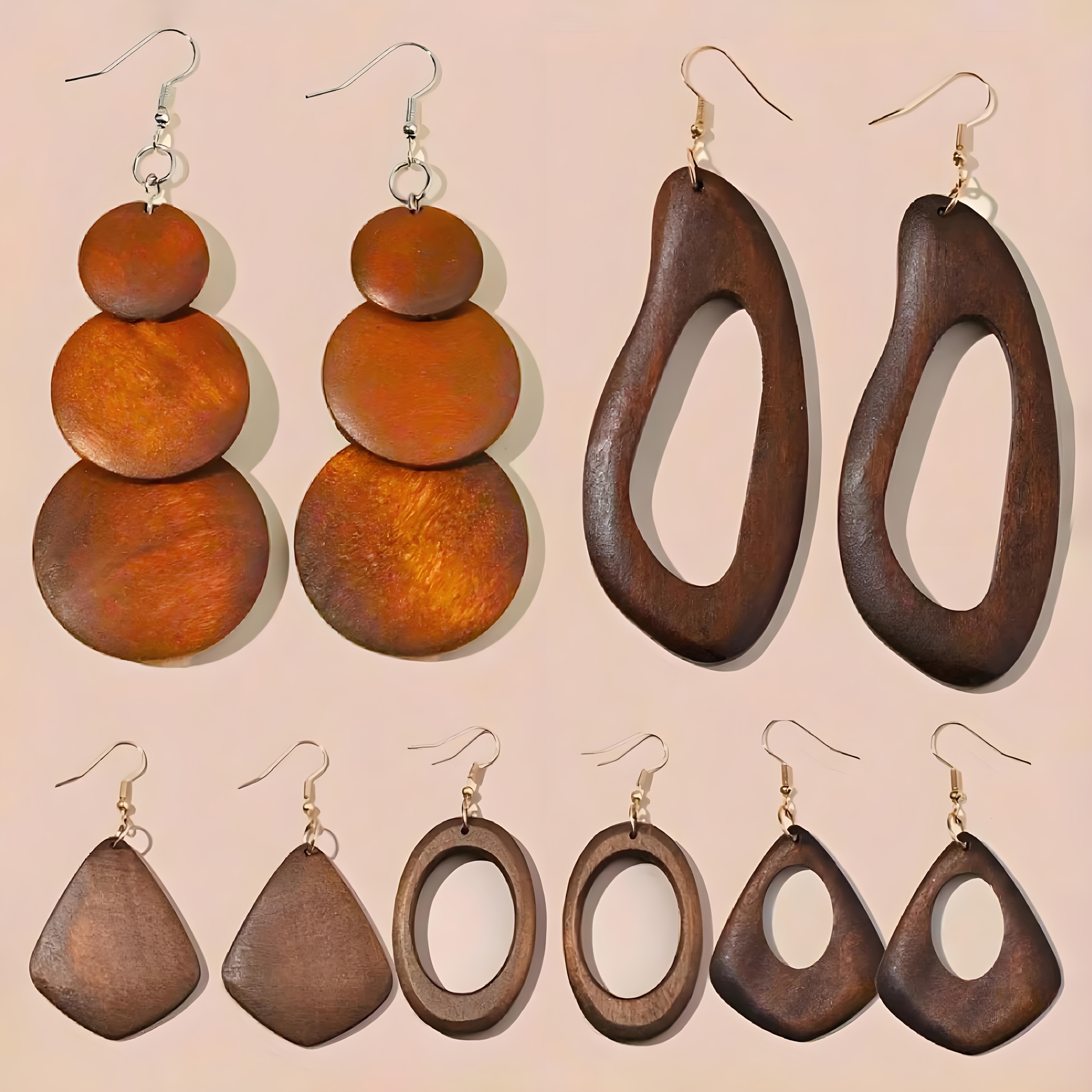5 Pairs/6 Pairs/set, Solid Wood Dangle Earring Set, Multiple Hook Options