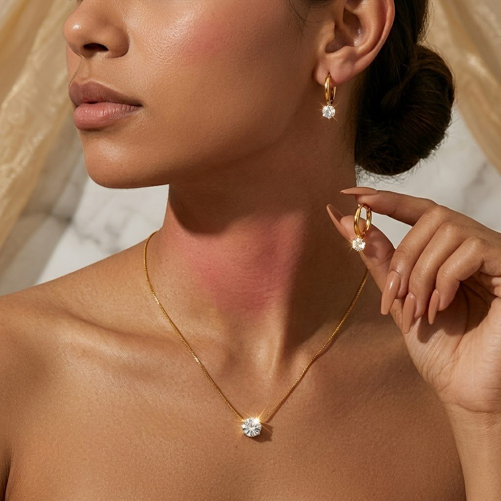 TEMU Parure de bijoux 1 lot en acier inoxydable 316L plaqué or avec Zirconia rond, collier solitaire avec pendentif en CZ et chaîne fine en boîte et