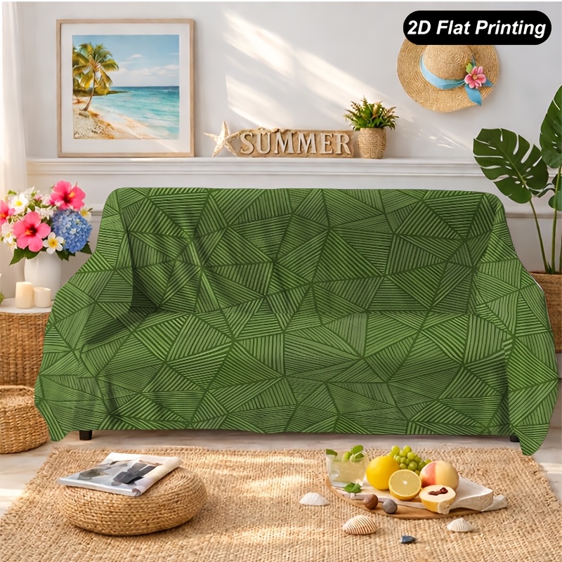TEMU 1pc Green Geometric Pattern Sofa Polyester Slipcover For 1-4 Seater Sofas, Perfect For Living Room, Bedroom, Or Office Decor, Festive Accent,