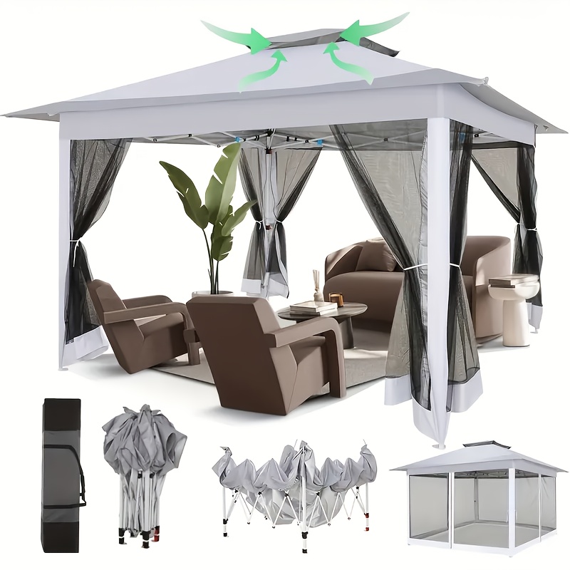 Image of 3.6*3.6m Outdoor Gazebo Pop Up Gazebo Canopy With Netting Patio Gazebo Canopy Tent Backyard Canopy With 2-tiered Vented Top 3 Adjustable Height And 144 Square Ft Of Shade