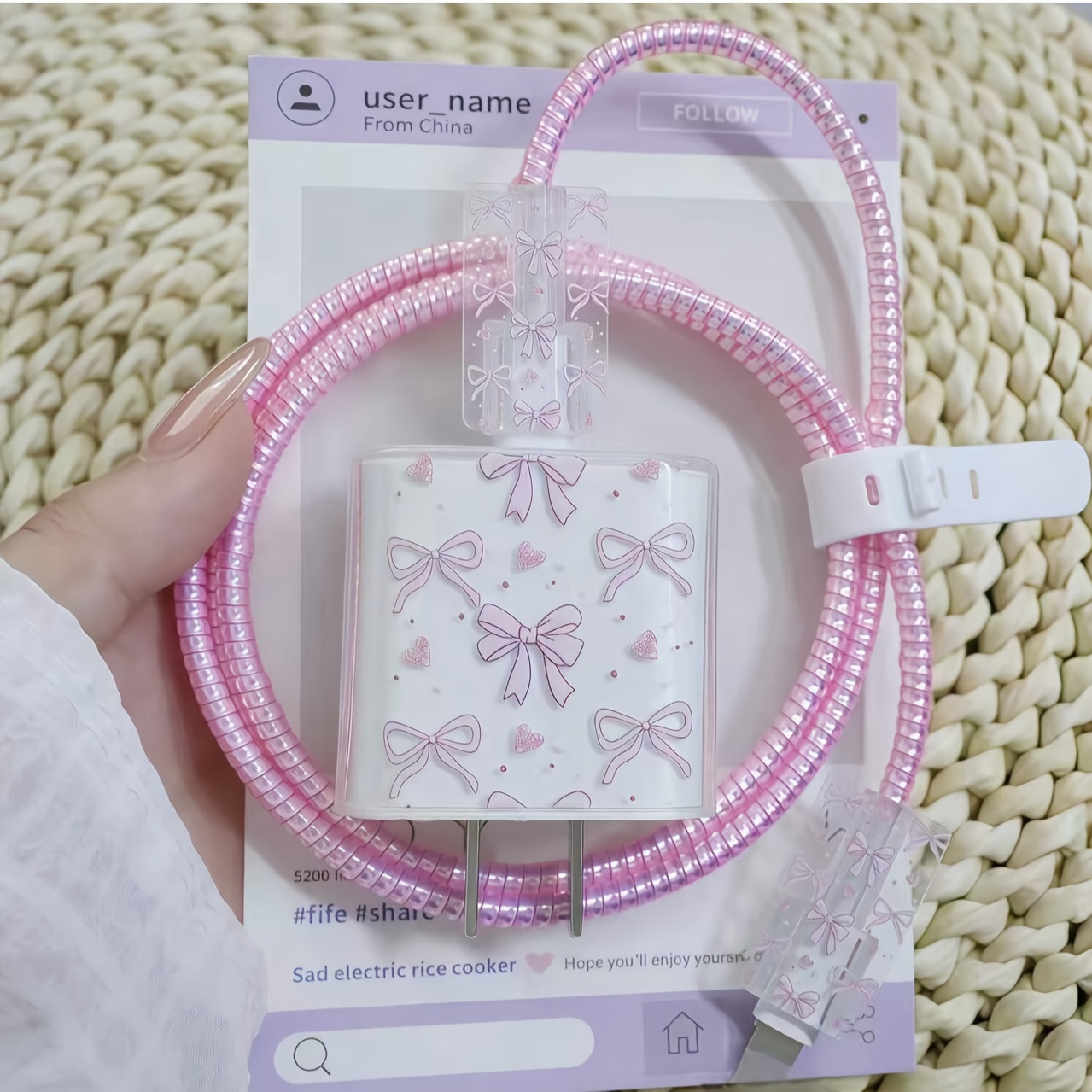 TEMU Juego de 5 protectores de cable de con de de amor de TPU rosa para cargador Apple de 18/20W, ideal para regalar