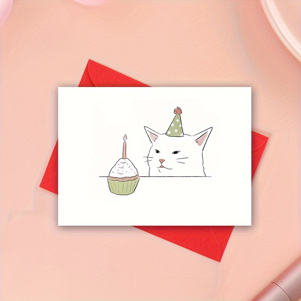 

Cat Birthday Card With Party Hat & Cupcake - Boyfriend, Husband, Wife, Best Friend - Funny Meme Greeting Card For Any Recipient, Funny Birthday Cards