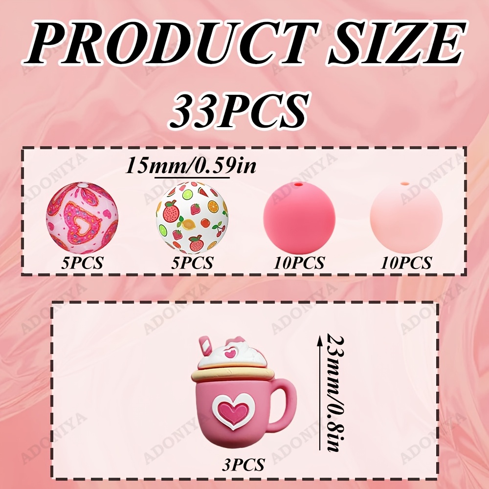 TEMU Ensemble de 33 perles en silicone de cœur rose, collection été, design tendance, perles pour la fabrication de bijoux, parfait pour bracelets,