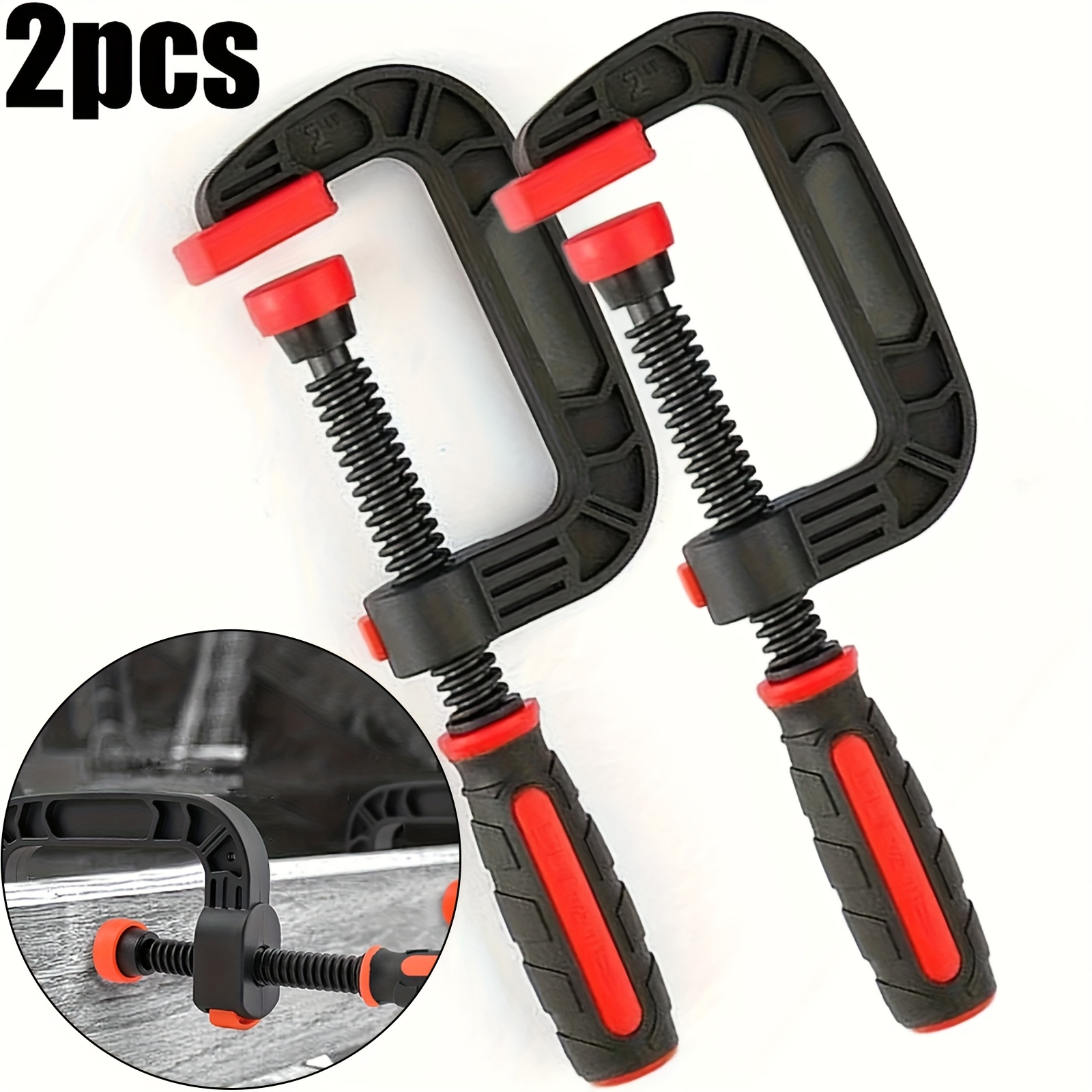 TEMU 2pcs Heavy-duty 7-inch Reinforced Plastic & Nylon Spiral Clamps With Adjustable Jaw & Non-slip Grip - Wide Jaw Opening For Woodworking, ,