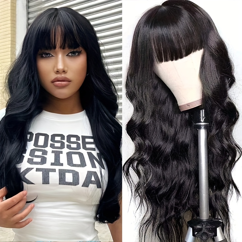 TEMU 250% Density Brazilian Body Wave Wig With Bangs - Natural Hair, Glueless Machine Made, Versatile Styling For , Versatile Hair Wig|fullbodied Wig|brazilian Human Hair