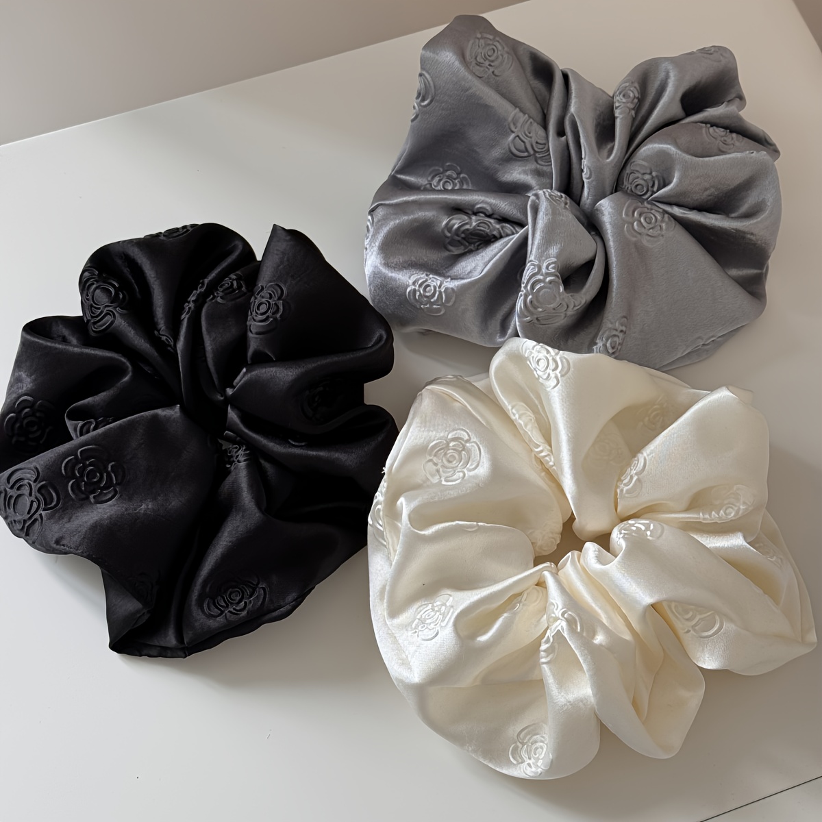 TEMU 3pcs/2pcs Temperament Easy Solid Color Camellia Satin Large Hair Tie High-end Flower Checkered Hair Rope Fashionable Tie Hair Head Rope
