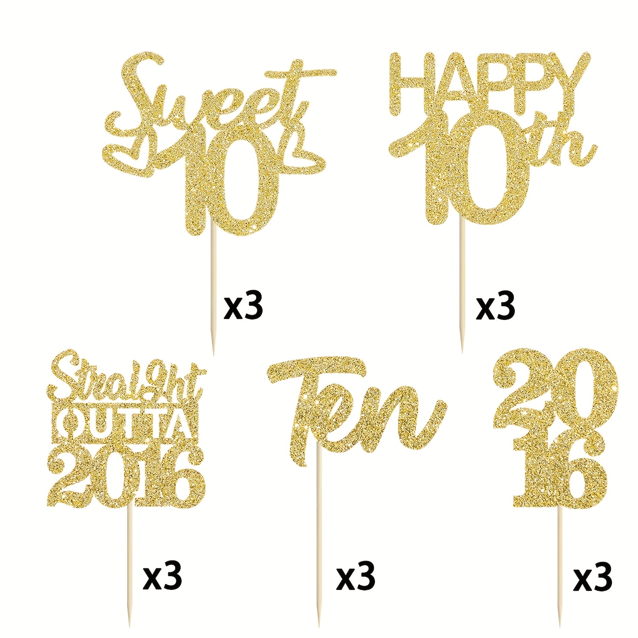 Image of 15pcs, 10th Birthday Cupcake Decorations - Glitter "happy 2016" Design Cupcake For 10th Birthday Party Cake Decoration