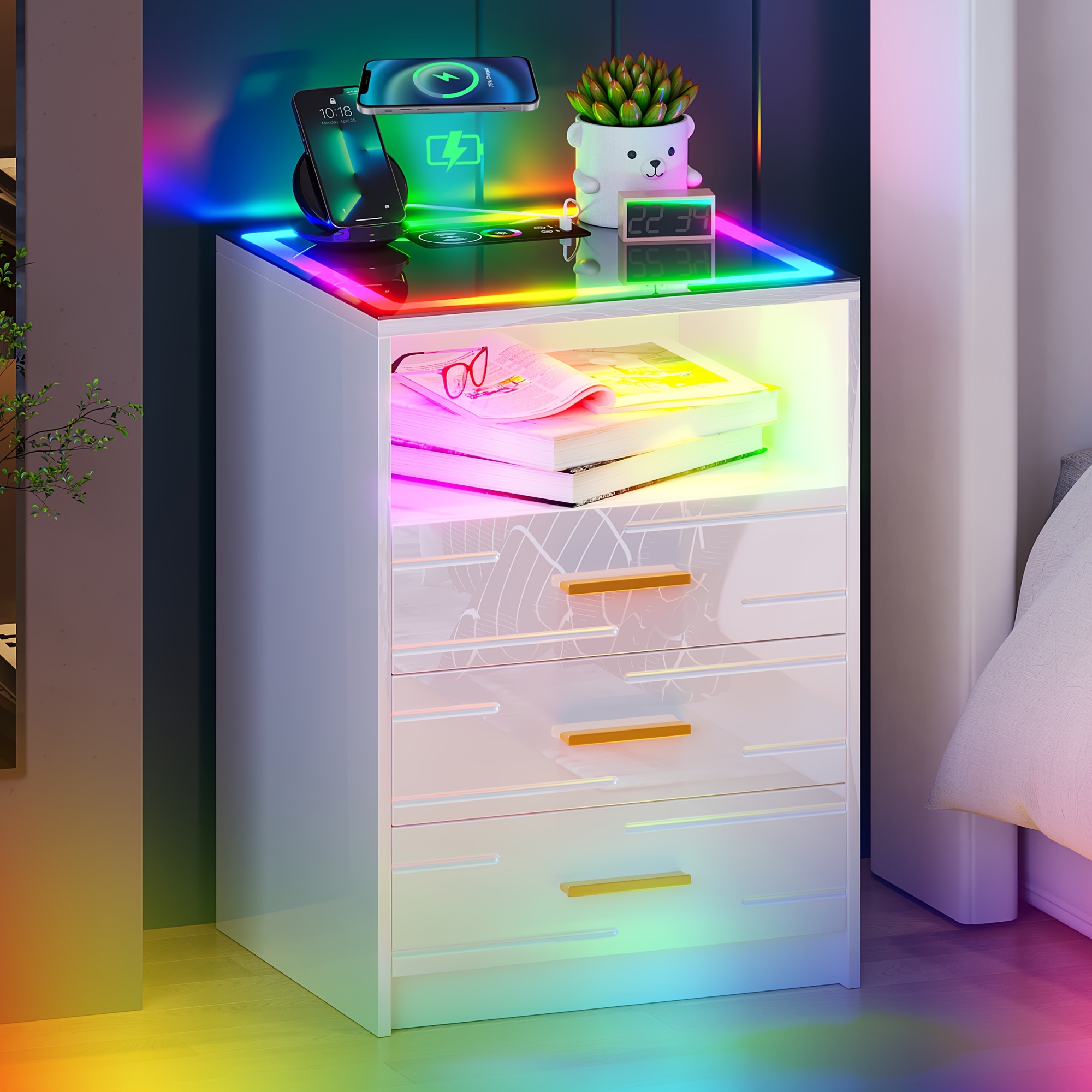 

Lvifur Led Nightstand With Wireless Charging Station And 24 Color Dimmable For Bedroom Furniture, Rgb Touch Screen With Usb&type-c And 3 Drawers