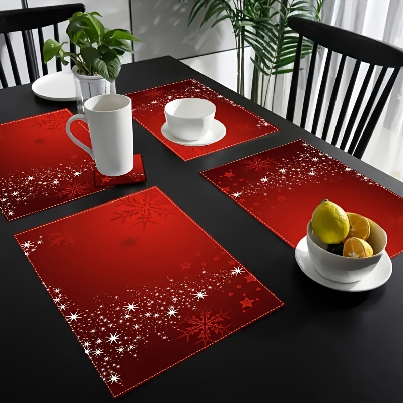 

4pcs Set Christmas Placemats - Red With Snowflakes, Stars & Trees Design - Polyester, Machine Washable - Holiday Dining, Anniversary Celebrations & Home Decor