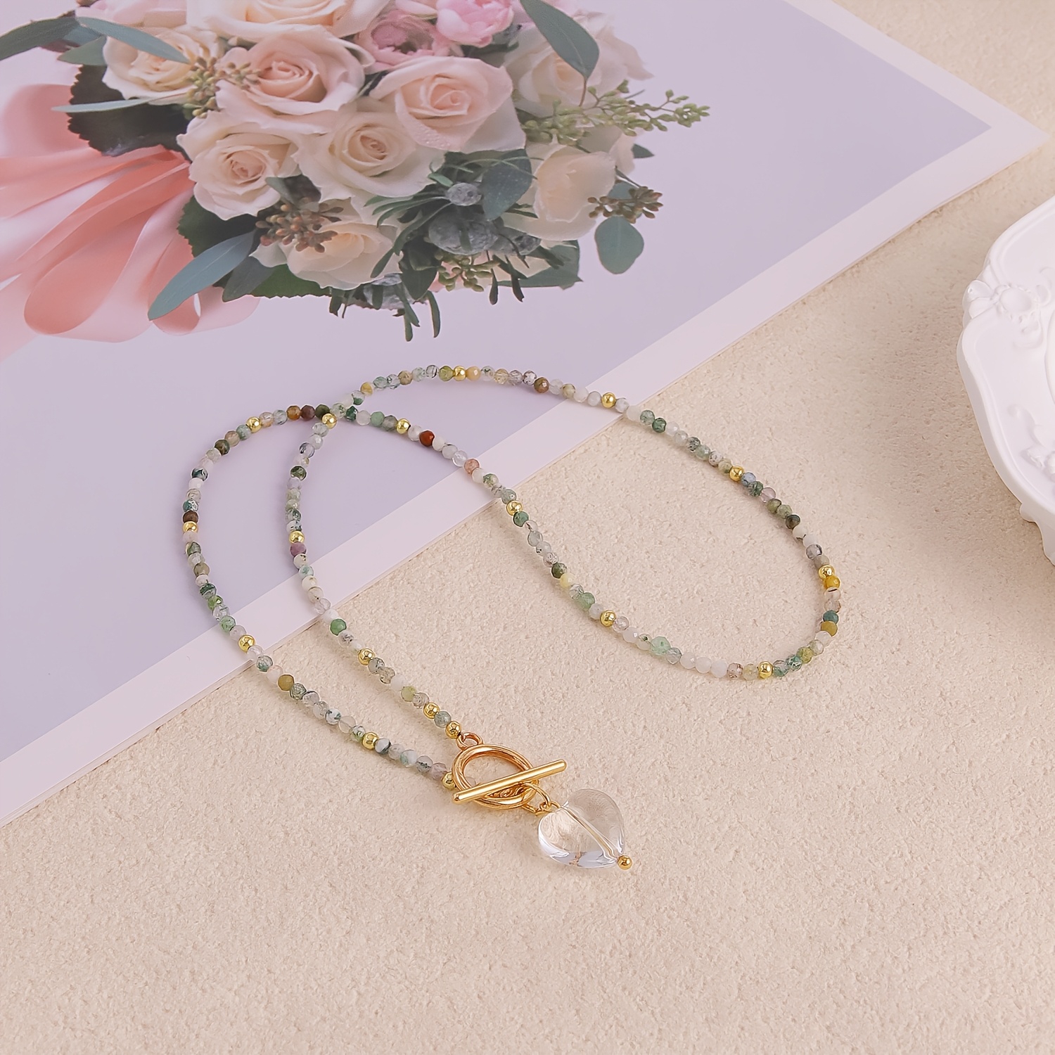 TEMU 1pc Natural Mixed Gemstone Beaded Necklace For Women, Clear Quartz Heart Pendant Choker, Bohemian Handmade Natural Quartz Jewelry, Golden Toggle