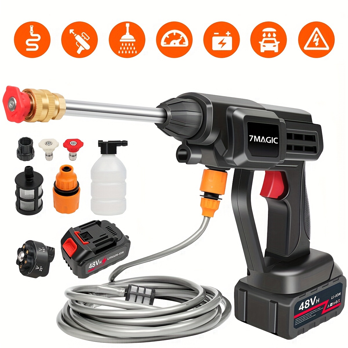 

Washer, Wireless, 2 × 48v Battery, 6-in-1 - & 0° Nozzle And 40° Nozzle, Multiple Cleaning , 5m And Quality Filter, To Install, Filter Impurities