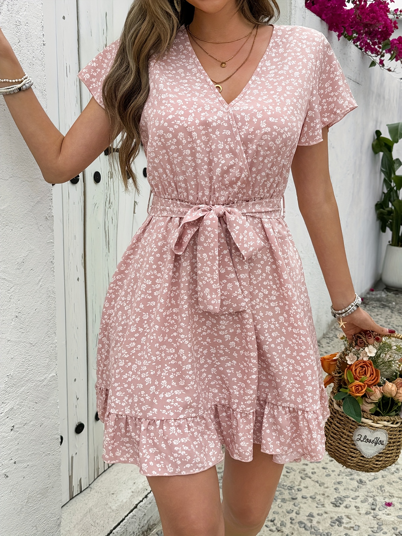 Women's Ruffle Hem V-Neck Dress With Belt - Summer Casual Style You'll Love