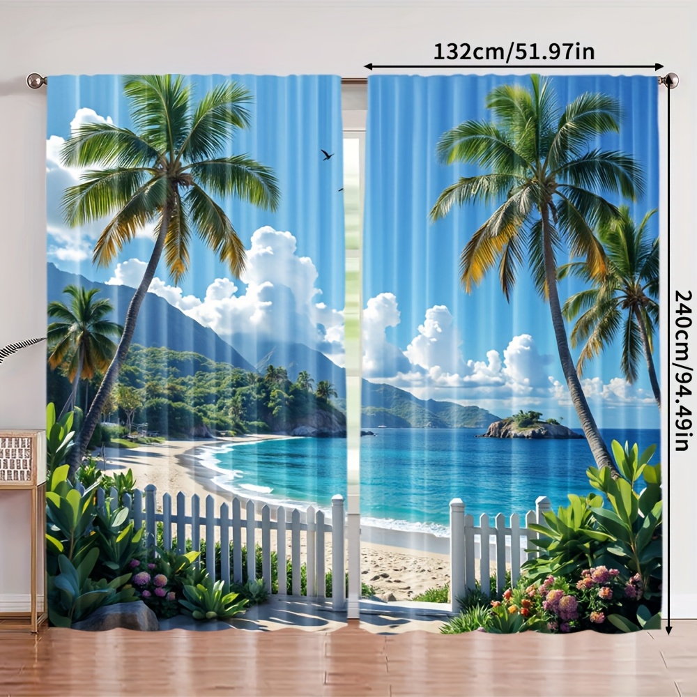 TEMU 2pcs Thermal Insulating Blackout Curtains - Tropical Tree Window Drapes With Rod Pocket, Light Filtering Privacy For Living Room, Bedroom,