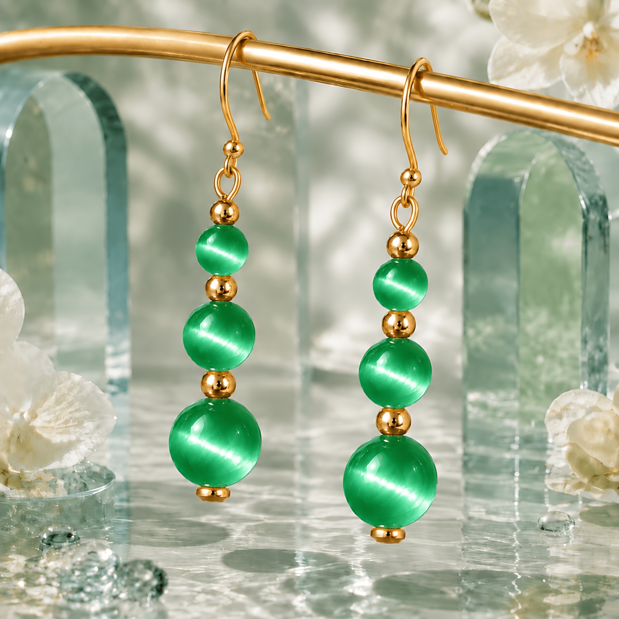 TEMU Trendy Minimalist Cat Eye Stone Long Dangle Earrings, Golden Ear Hook Studs, Versatile Fashion Jewelry, Ideal For Birthday And Anniversary Gifts