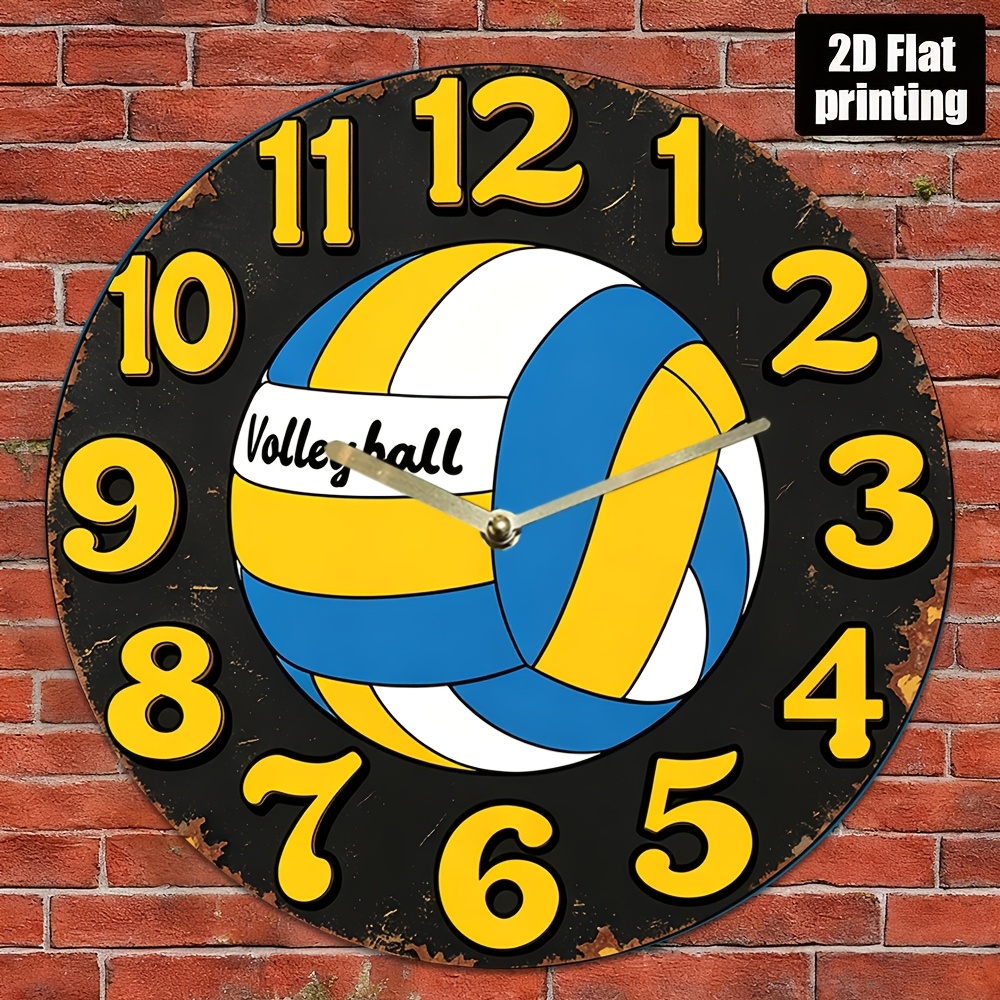 TEMU 1pc Vintage Volleyball -inch Silent Wall Clock, Non-luminous Acrylic Quartz Design, Featuring Blue And Yellow Numbers - Home Decor, Living Room,