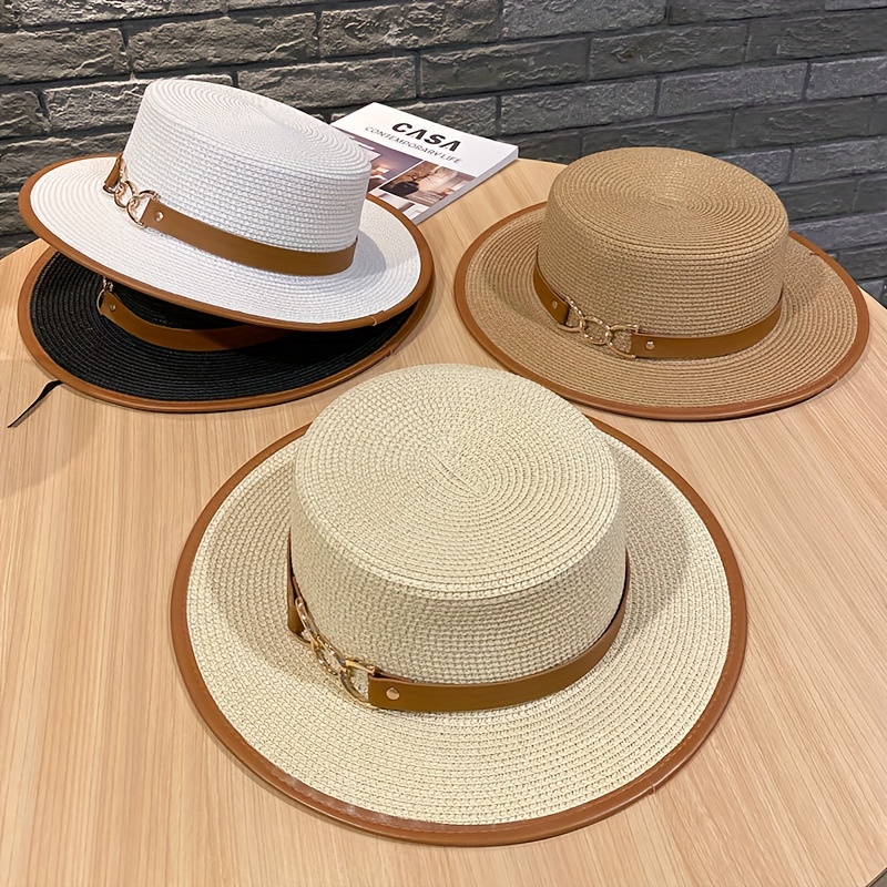 

Summer Collection Wide Brim Straw Hats For Women, Flat Top Sun Protection Beach Cap With Faux Leather Band, Travel Hat