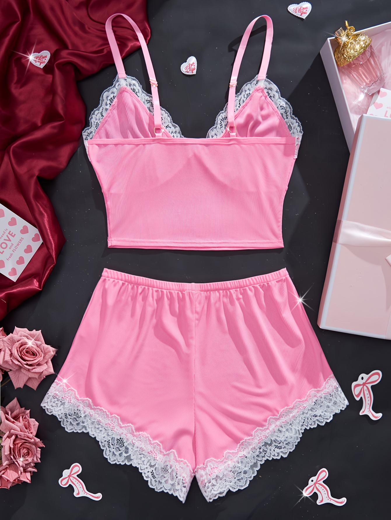 2 piecesolid color   pajama set contrast lace bow halter top shorts womens   pajamas Product details 11