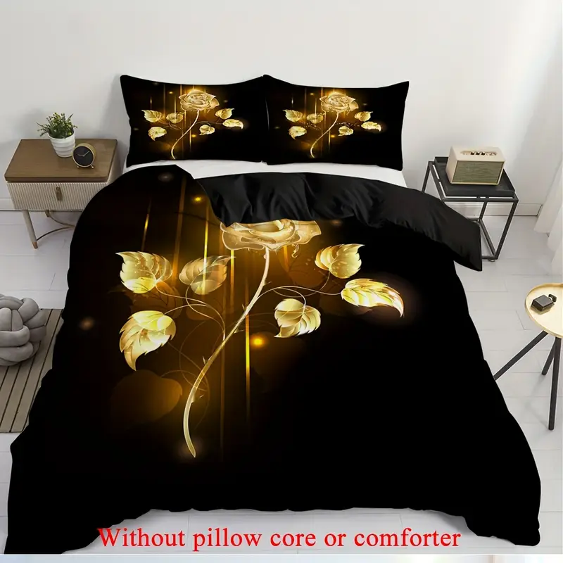 2 3pcs 1 duvet cover 1 2 pillowcase without core golden rose flowers romantic valentines day branch flower garden couple print soft comfortable bedding set for bedroom dorm room family gift Product details 2