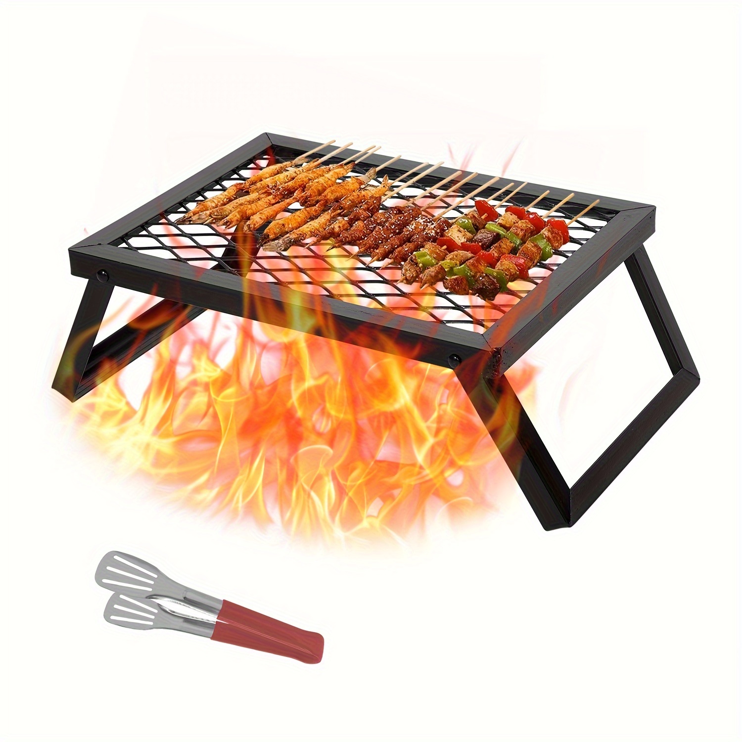 

2-piece Camping Grill With Clamps, Portable Outdoor Folding Campfire Grill, Heavy Steel Grille With Legs , Suitable For Outdoor Open Fire Camping Cooking Fire Pits, Black (16 "x12") Folding