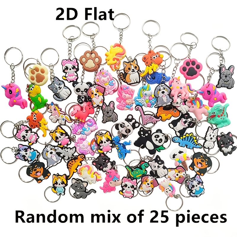 TEMU 2d Flat, 25pcs Assorted Random Pvc Animal-shaped Keychains, Cute Mini 2d Flat Puppy, Dinosaur, Unicorn, Pony, Cat, And Animal Charms, Women'