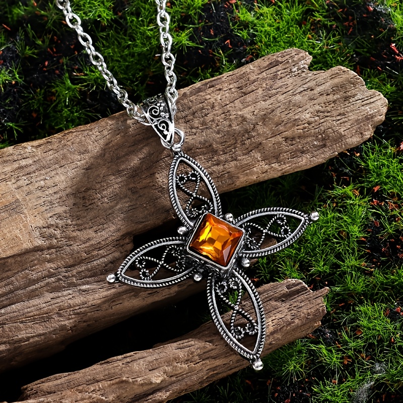 Image of A Retro Ethnic Style Bohemian Style Hollow Cross Pendant Necklace, Set With Square Yellow Synthetic Embellishment, Suitable For Women's Elegant Party Jewelry Accessories