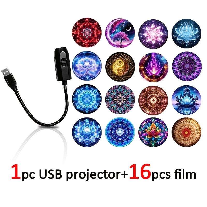 TEMU 1pc Lampe USB et 16pcs Films Style Pétale Lampe USB Portable - Lampe de Décoration Projecteur USB Thème Pétale Mandala. Ce Gadget USB Peut Être