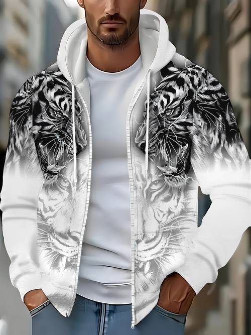 Artikelbild herren langarm kapuzenpullover mit reißverschluss tiger-muster, herbst winter casual outdoor jacke mit kordelzug