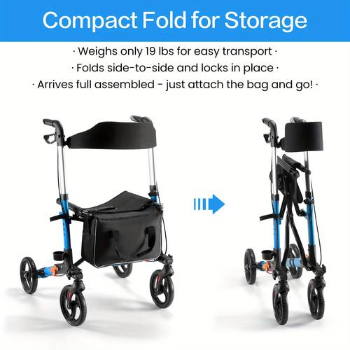lightweight and foldable rollator walker featuring a seat aluminum frame 8 inch solid wheels handles and backrest in blue