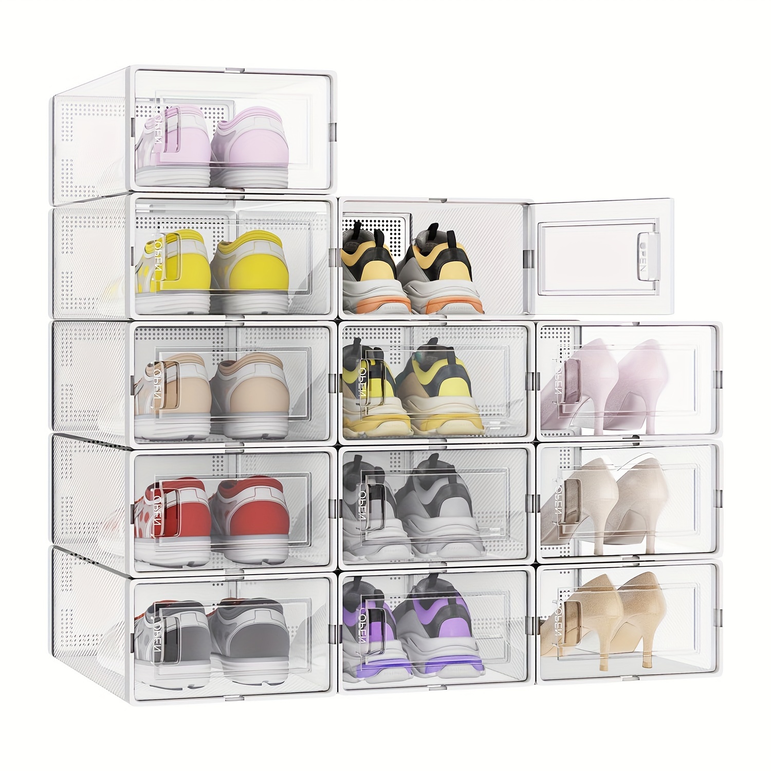 

24pcs Shoe Organizer Storage Bins, Clear Plastic Stackable Shoe Boxes For Closet, Space Saving Foldable Shoe Storage Bins, Sneaker Storage Shoe Box Container, White Frame