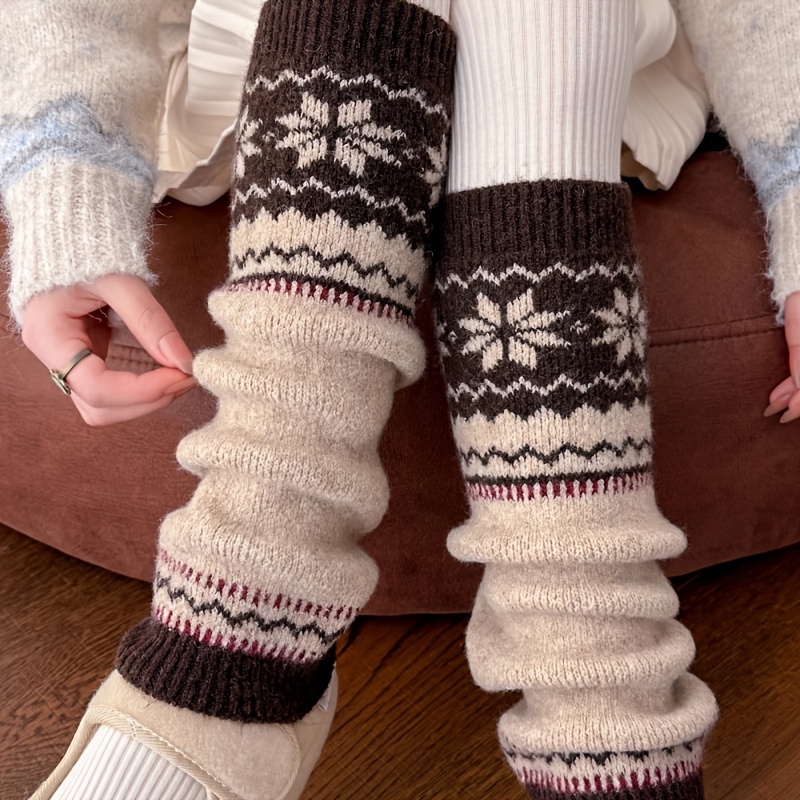 TEMU 1 Pair Of Nordic Vintage Sock Sleeves, Thick Snowflake Socks For Autumn And Winter, Warm Leg Warmers For Snow Boots