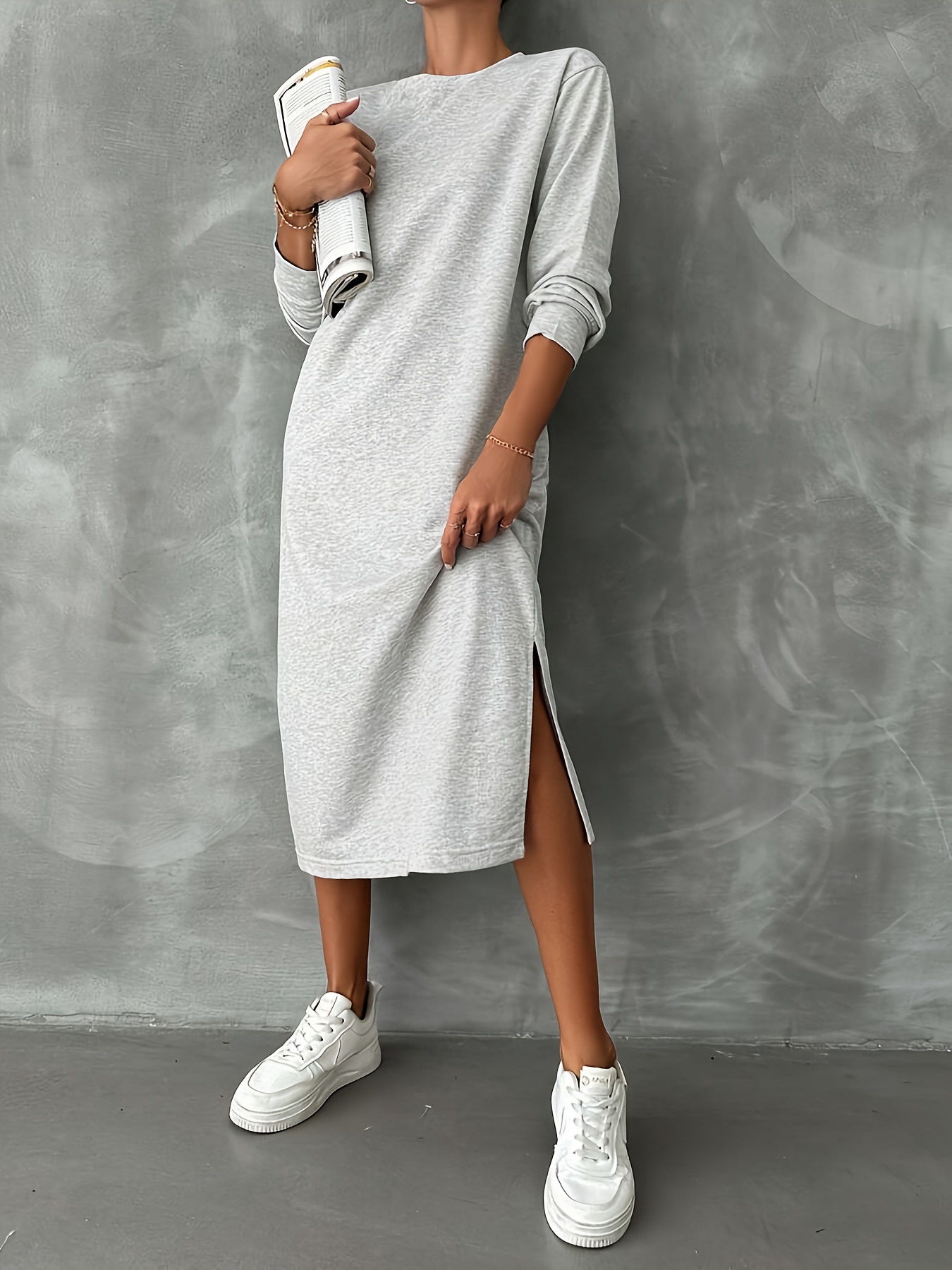 womens dress casual daily slit round neck solid color long - Temu Mauritius