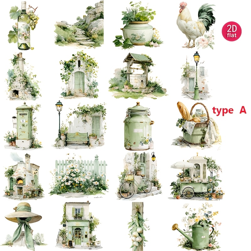 Image of 1pack 2d Flat Self-adhesive Stickers For Scrapbooks Vintage Countryside Pattern Stickers Diy Craft Decorative Sticker Packs, 2d Flat