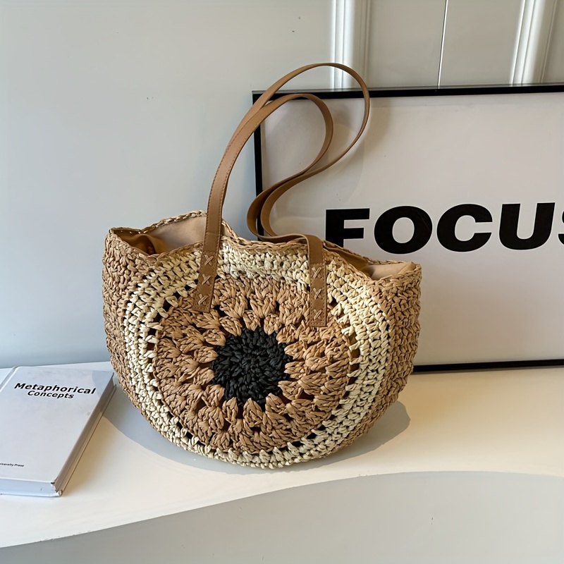Image of New Large-capacity Straw Woven Bag, Beach Vacation Ins--block Woven Bag, Handmade Crochet Vintage Ethnic Style Colorful Single-shoulder Bag, Mother's Day Easter Valentine's Day Holiday Birthday Gift