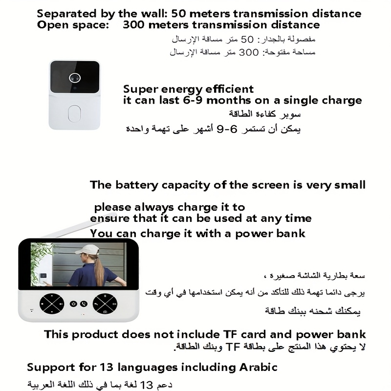 شاشة IPS 2.4 جيجا وطقم جرس باب ذكي - مراقبة فيديو لاسلكية ثنائية الاتجاه، وضوح عالي الدقة، لاصقة ذاتية، تعمل بالبطارية AA (بدون قابس)، جهاز ذكي للمنزل، ديكور منزلي حديث، تصميم أنيق، بناء متين