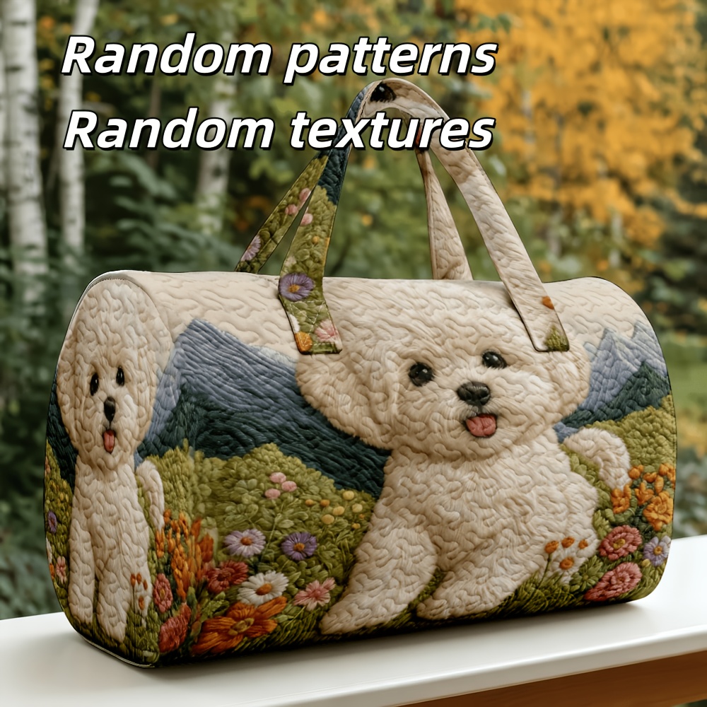 TEMU 1pc Curly-haired Little Floral Pattern Quilted Boston Handbag, Lover Style, Suitable For Love Fluffy Small Dogs, Large Capacity For Overnight