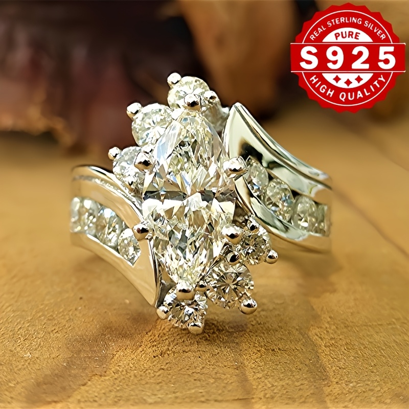 TEMU S925 Sterling Silvery Stunning Irregular Moissanite Design Ring - Engagement And Wedding Ring, High-quality Jewelry Ring (made In China), For