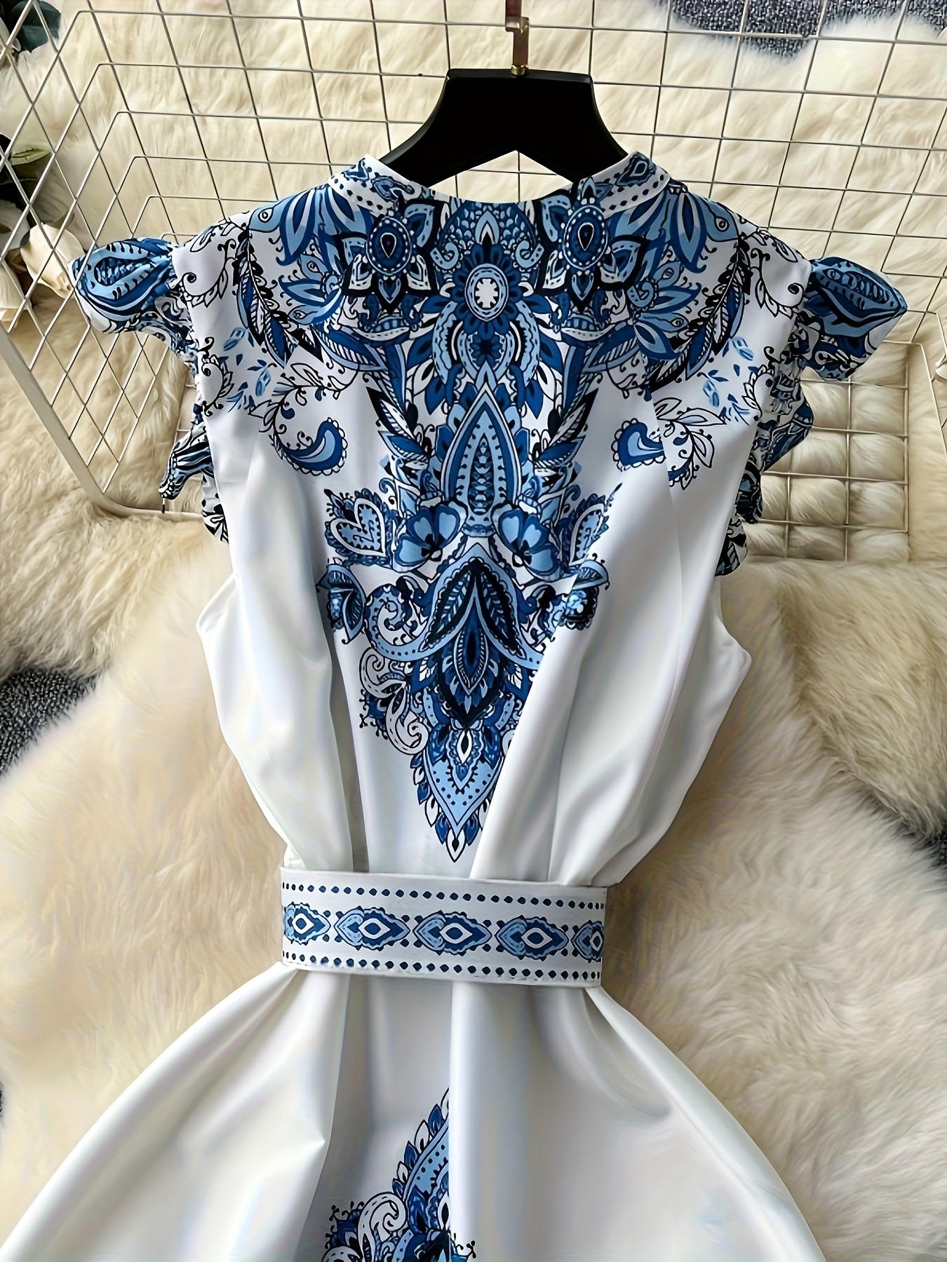 vintage style printed long dress with v neck single breasted closure and decorative details   adult   casual attire vintage dress single breasted dress Product details 2