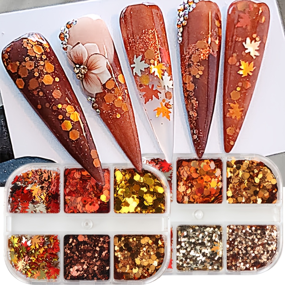 Reddish Brown Tones Fall Maple Leaf Nail Glitter Sequins Set